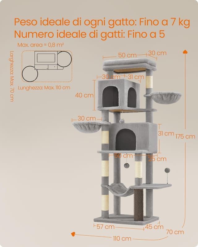 Thumbnail 6 de Feandrea Albero per gatti grande PCT182G01, torre tiragraffi alta 175 cm multilivello grigio tortora