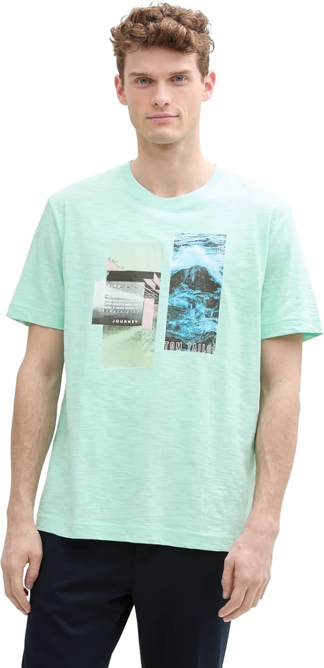 Detalle de Tom Tailor 1046712 T-Shirt da uomo in cotone jersey con stampa frontale (confezione da 1)
