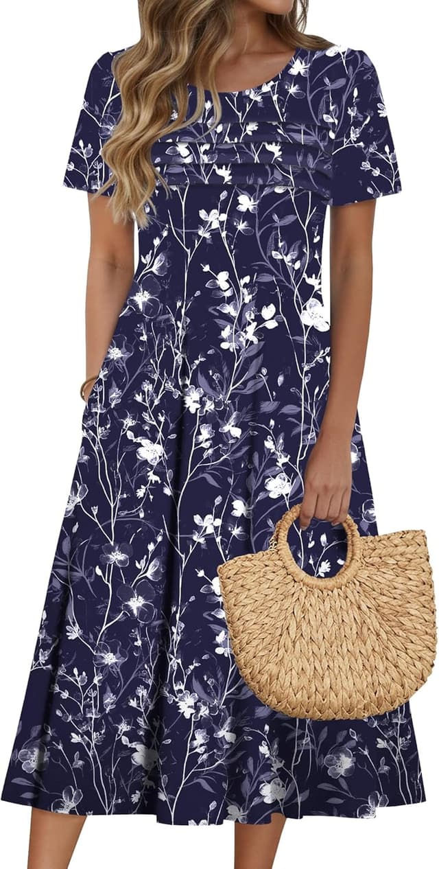 Thumbnail 6 de Zeagoo Women’s Short-Sleeve Flare Midi Dress with Pockets (Pleated Front, Floral Print)