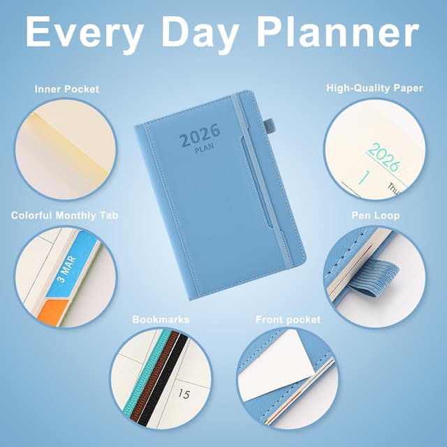 Detalle de Agenda académique 2026 A5, une page par jour, janvier à décembre 2026 — couverture rigide avec porte-stylo