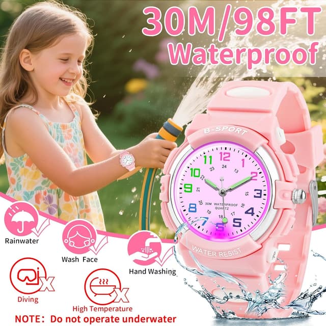 Detalle de DTKID Analoge Kinderuhr mit Licht – Jungen & Mädchen, gut lesbares Zifferblatt, 50 m wasserdicht (ab 5–16 Jahren)
