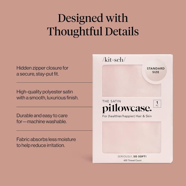 Detalle de Kitsch satin pillowcase with zipper for hair & skin (queen) – Blush