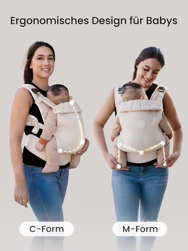 Detalle de Grownsy Babytrage mit Ein-Klick-Schnalle und Kopfstütze (3–20 kg), ergonomisch & leicht – Cremeweiß