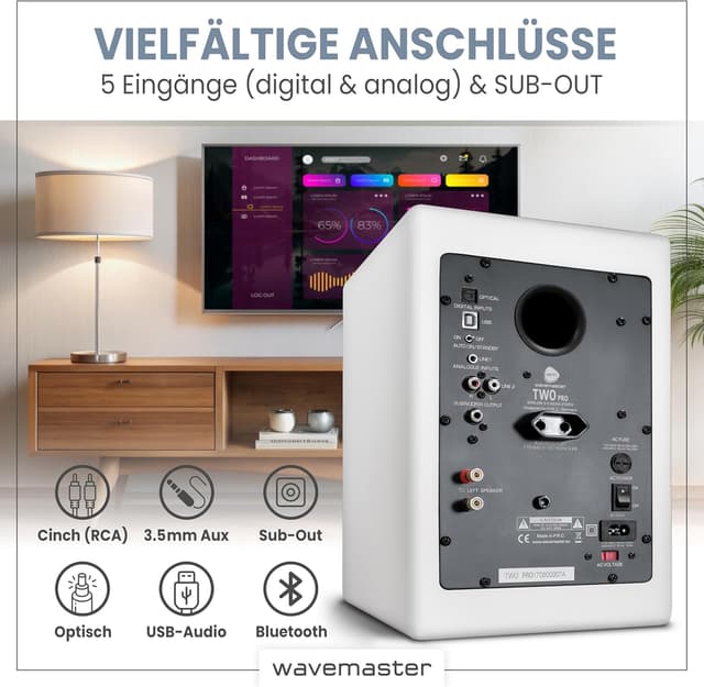 Detalle de Wavemaster TWO PRO white 66351 Regallautsprecher-Set mit Bluetooth-Streaming, digitalen Anschlüssen und IR-Fernbedienung