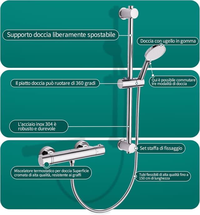 Detalle 2 de MORADO Miscelatore doccia con tubo flessibile da 1,5 m, saliscendi e doccetta 3 funzioni cromo