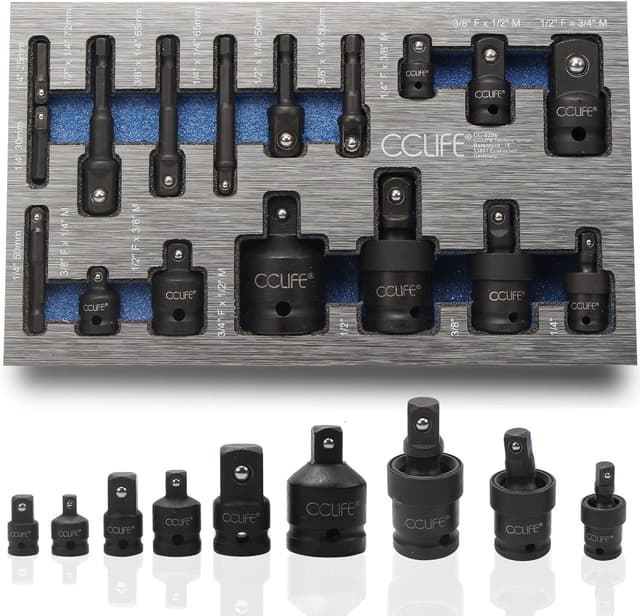 Detalle de CCLIFE lot de 17 douilles et adaptateurs pour visseuse à percussion (Cr-Mo) 1/4”, 3/8”, 1/2”, 3/4” + joint de cardan