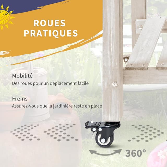 Detalle de Outsunny Jardinière sur pied sur roulettes avec étagère et tablette rabattable (123 x 54 x 87 cm)
