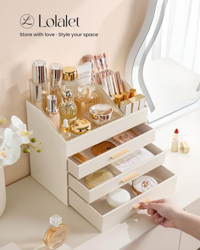 Thumbnail 1 de Lolalet 4-Layer PU Leather Makeup Organiser with Drawers for Vanity Desk (Cream)