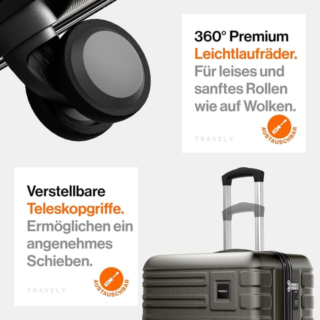 Detalle de Travely Polycarbonat Koffer-Set 77 cm, 67 cm & Handgepäck (3er Set) mit TSA-Schloss