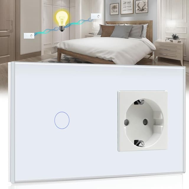 Detalle de Touch-Lichtschalter mit Steckdose BSEED (1-fach, 2-Wege) und LED-Anzeige – berührungsempfindlich, weiß