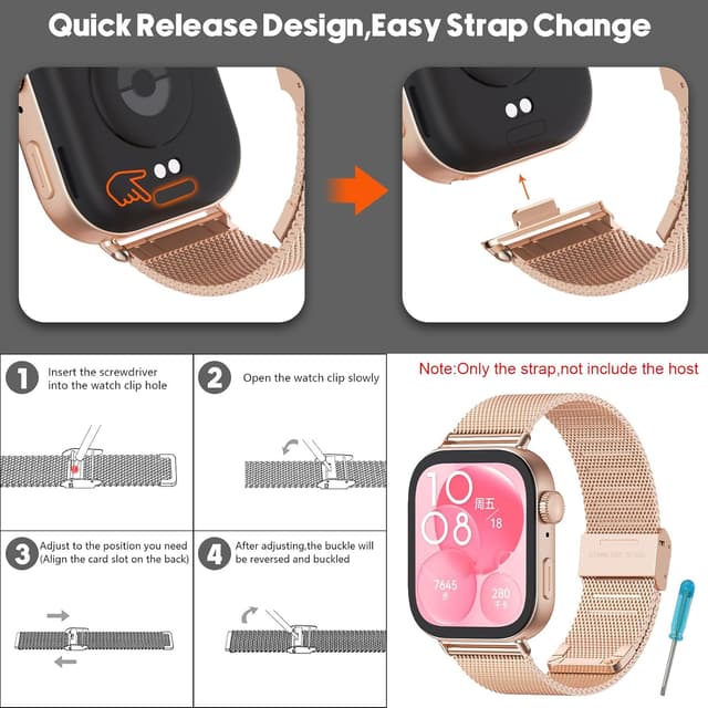 Detalle de MIJOBS stainless steel metal strap for Huawei Watch Fit 3 (and Fit 4 family) — adjustable, waterproof replacement