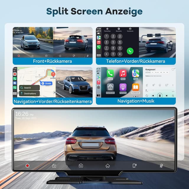 Detalle 1 de 2026 10,26-Zoll CarPlay & Android Auto Buddy Display inkl. GPS, 4K Dashcam, Rückfahrkamera und Bluetooth 5.2