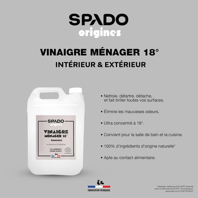 Detalle 2 de SPADO Origines – Vinaigre blanc 18° ultra concentré, 5 L (sans parfum, contact alimentaire, Écocert)