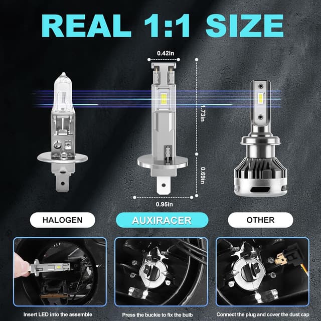 Detalle de AUXIRACER H1 LED Canbus 100W 22000LM 6500K, lampadine H1 Plug & Play (2 pezzi) impermeabili IP68