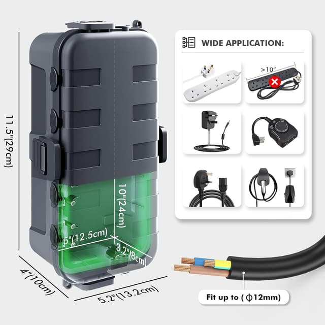 Detalle 2 de RESTMO Outdoor Waterproof Box (29 × 13.2 × 10cm) – IP54 weatherproof electrical box for outdoor plug extensions