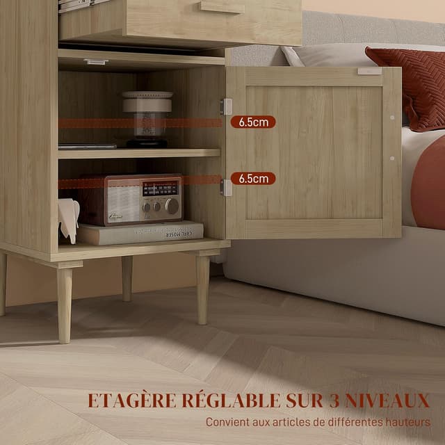 Detalle 2 de HOMCOM Table de chevet bohème naturelle avec placard, étagère réglable et tiroir – 40 x 40 x 68,5 cm