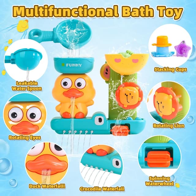 Detalle 2 de Badewannenspielzeug für Babys ab 1 Jahr – Badespielzeug mit Ente/Löwe, Wasserrad und Saugnäpfen (3 Saugnäpfe, 3 Stapelbecher, Löffel)