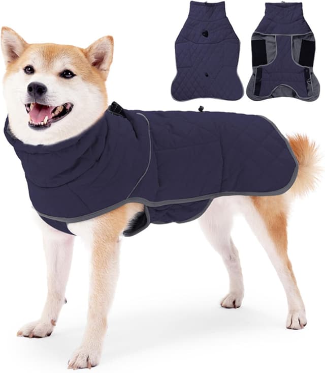 Detalle de Leberna Warm Pet Dog Coats and Jackets Waterproof Reflective Turtleneck Puffer Jacket with Adjustable Harness (Navy Blue, L)