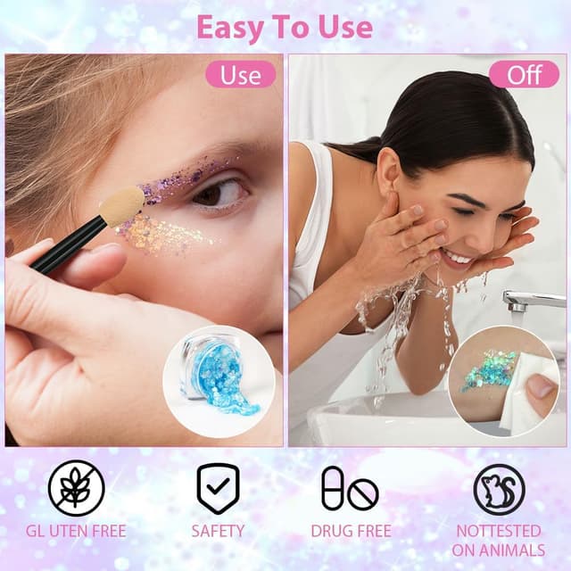 Detalle 2 de BUTBU Coffret de 24 gels pailletés holographiques (visage, corps, ongles, yeux) pour festival et maquillage