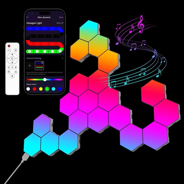 Detalle de COLWINKU Hexagon Lights Gaming Bundle (20-pack) with Remote & App Control, Music Sync RGB LED Panels