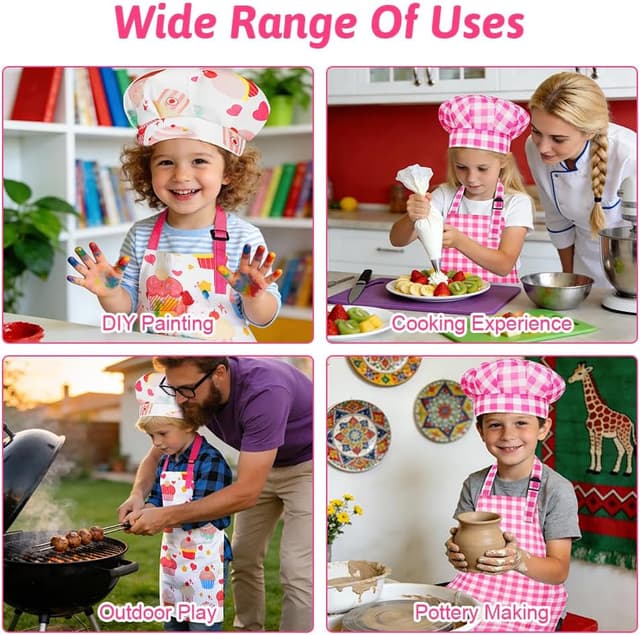 Thumbnail 6 de DiULi grembiule per bambini regolabile con cappello da cuoco a quadri rosa
