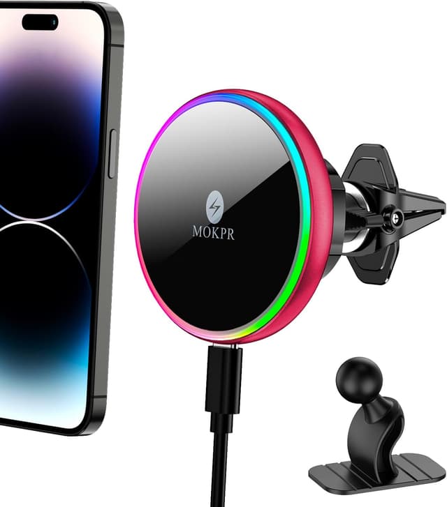 Detalle de MOKPR MagSafe Autohalterung mit Ladefunktion (15 W) für iPhone im Auto – inkl. Lüftung-/Armaturenbrett-Halterung, Typ-C-Kabel