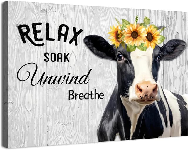 Detalle de Funny Cow Bathroom Wall Art (Relax Soak Unwind Breathe) 30 x 40 cm rustic farmhouse cow print