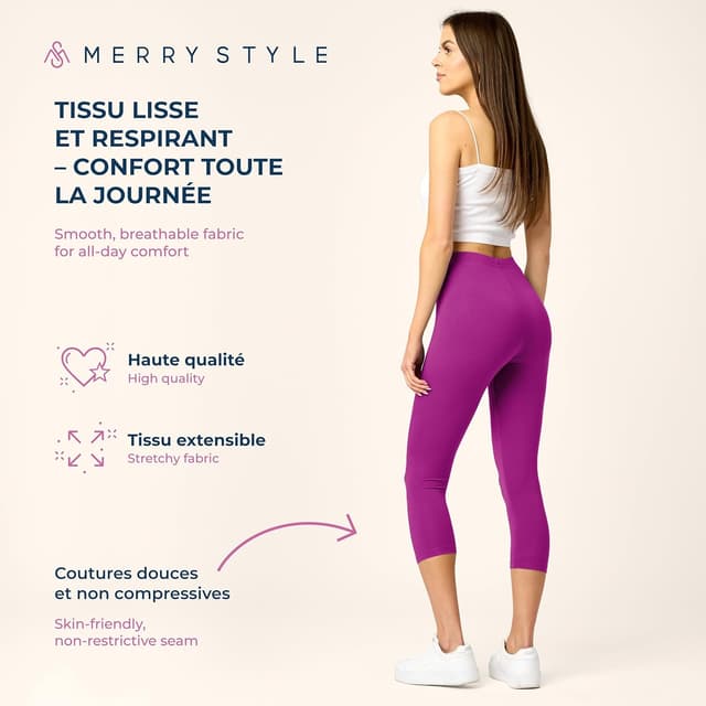 Detalle de Legging femme 3/4 Merry Style en viscose – pantacourt confortable pour sport, yoga et cyclisme
