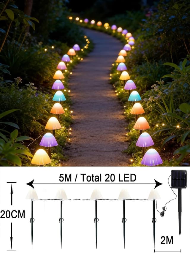 Detalle de Joycome Solar Lichterkette Außen mit 20 LED Pilzen – wasserdicht, 2 Modi, für Garten & Balkon