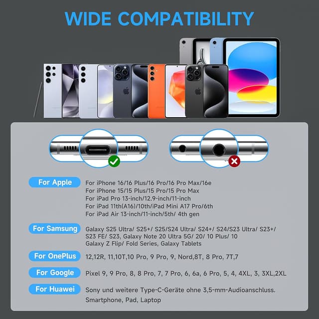 Detalle de suohong USB‑C Kopfhörer mit Kabel (MFi) inkl. Mikrofon & Lautstärkeregler – In‑Ear für iPhone & iPad