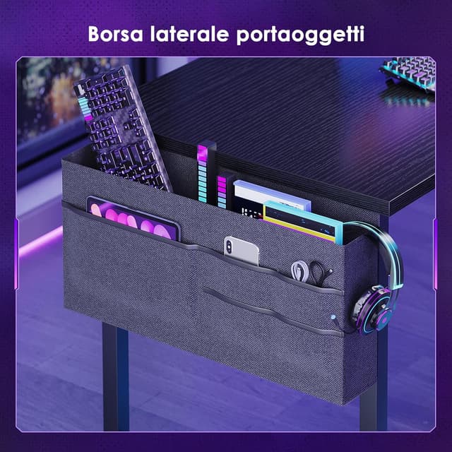 Detalle de Coleshome scrivania gaming angolare reversibile con LED RGB e scaffale 130x100 cm, colore nero