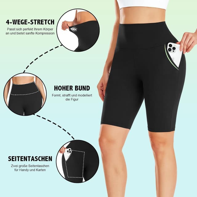 Detalle de FuelMeFoot 3er-Set Damen Radlerhose mit Taschen, High Waist – blickdicht & sportlich