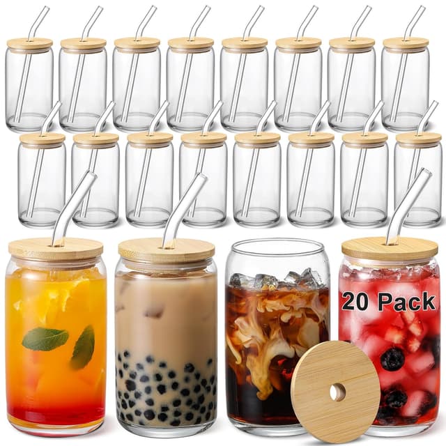 Detalle de VITEVER 20-Piece Glass Cups Set with Bamboo Lids & Glass Straw (16 oz)