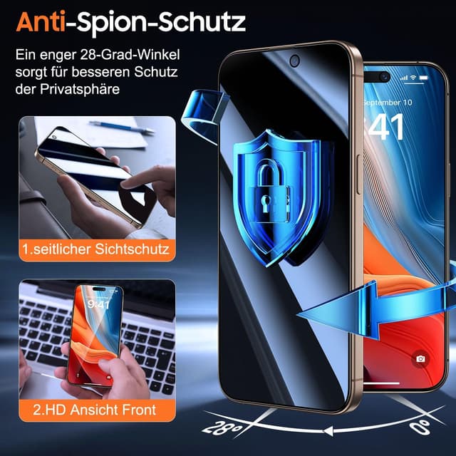 Detalle 2 de UniqueMe Schutzfolie für iPhone 16 Pro mit Sichtschutz (Panzerglas, Full Screen 3D, Auto-Installation) – 2 Stück