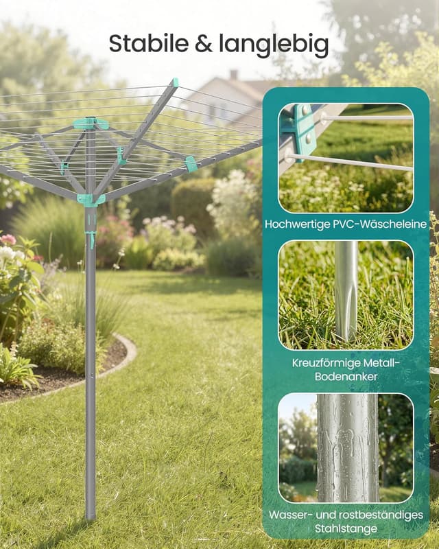 Detalle 2 de SONGMICS Wäschespinne LLR307EZ01 mit 50 m Wäscheleine, drehbar & klappbar – für draußen mit Schutzhülle