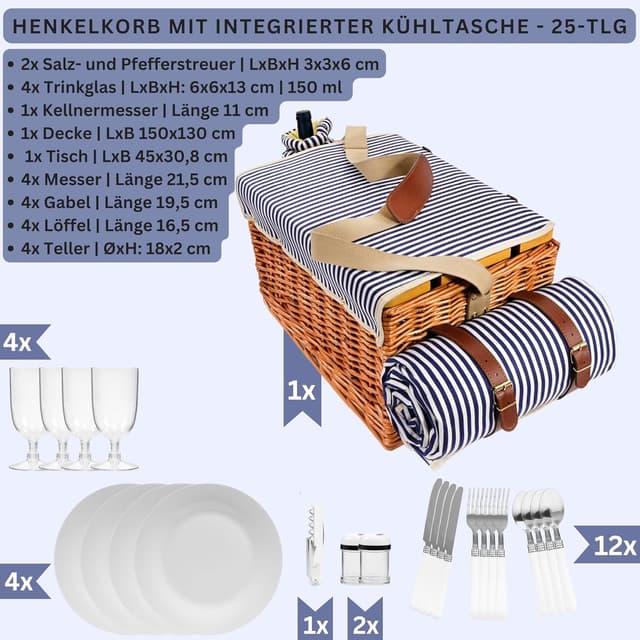 Detalle de SÄNGER Picknickkorb Borkum – 25-teiliges Set für 4 Personen mit integriertem Tisch