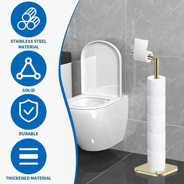 Detalle de Free Standing Stainless Steel Toilet Roll Holder Stand (Heavy-Duty Base) for 6 Rolls — Golden Chrome Finish