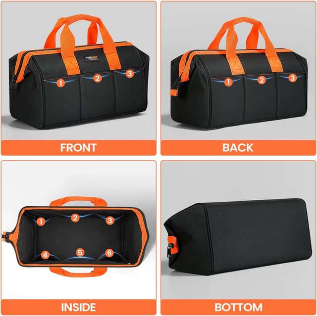 Detalle de TUFFWORX Wide Open Mouth Tool Bag (17 inch) – multi-pocket organiser with handle, black and orange