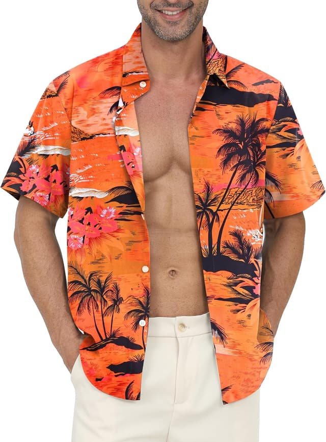 Detalle de Gavliuu men’s Hawaiian button-down floral shirt (short sleeves)
