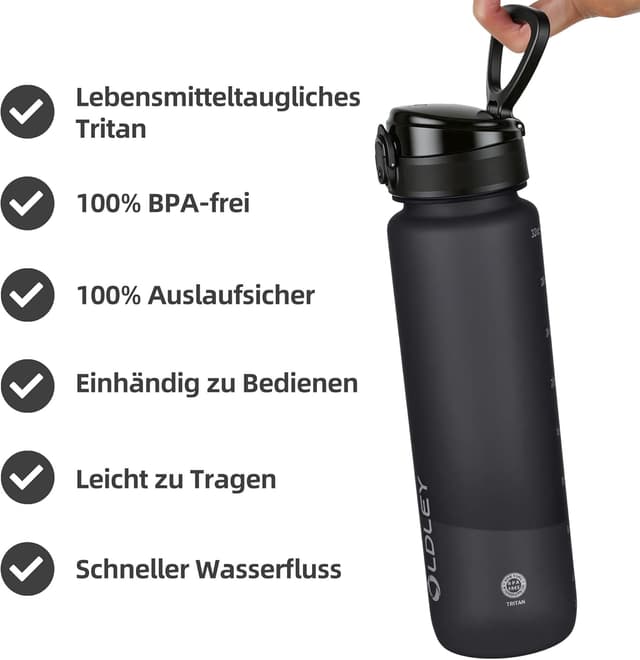 Detalle de OLDLEY 1-Liter Wasserflasche mit Sieb aus Tritan, BPA-frei, auslaufsicher (Tritan Sportflasche 1.000 ml)