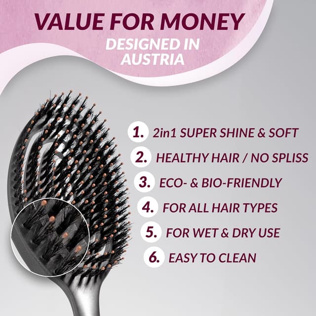 Detalle de marQus Bio Haarbürste mit Wildschweinborsten (Detangler, Doppelspiralfeder) – nass & trocken