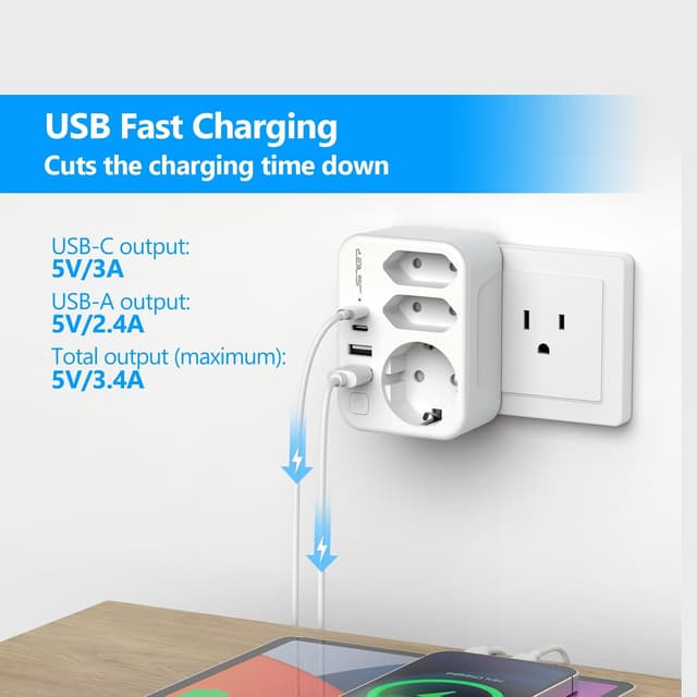 Detalle de JSVER Reiseadapter USA (Amerika) auf Deutschland Typ B mit 4 USB-Anschlüssen – 3-fach Steckdosen + USB-A/USB-C