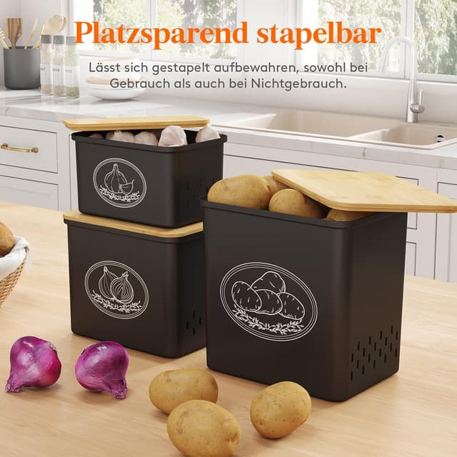 Detalle de Lifewit Kartoffel Aufbewahrungsbox 3er Set (Kartoffeln, Zwiebeln, Knoblauch) mit Belüftung, stapelbar – 24 cm hoch, schwarz