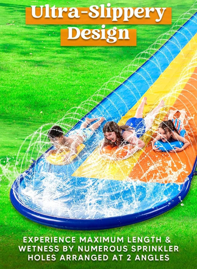 Detalle de Sloosh 18 ft / 548 cm dreispurige Rasen-Wasserrutsche mit Sprinkler & 3 Bodyboards