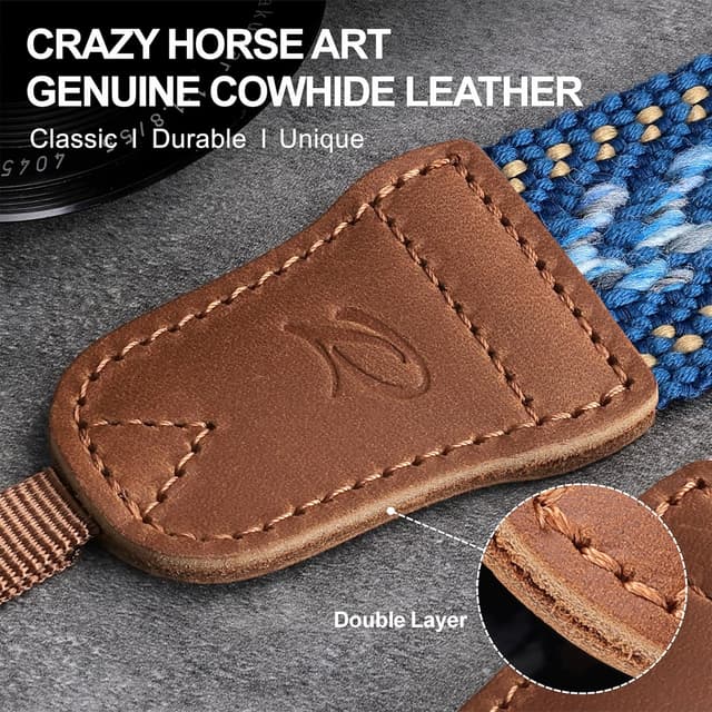 Detalle de Padwa Lifestyle Speed Blue Camera Strap – 1.5" soft cotton rope weave strap with crazy horse cowhide ends