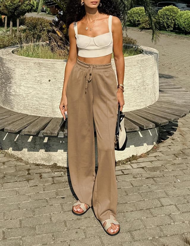 Detalle de PINSPARK pantaloni da jogging da donna a vita alta con gamba larga e cordoncino regolabile