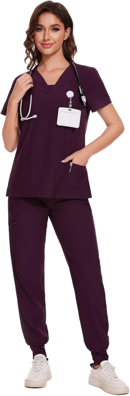 Detalle de COZYFIT Women’s V-Neck Scrub Top & Cargo Pants Set with 10 Pockets