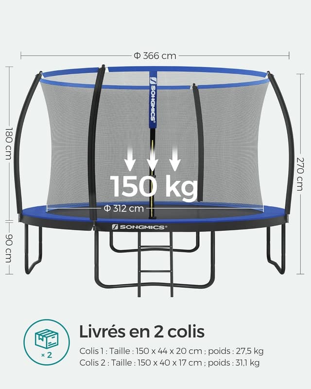 Thumbnail 6 de Trampoline extérieur enfant SONGMICS diamètre 366 cm : filet de protection, coussins de sécurité et échelle