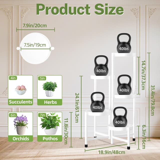 Detalle de iDavosic.ly 5‑Etagen Metall‑Pflanzenständer (rund, weiß) für Zimmerecke, Balkon und Terrasse