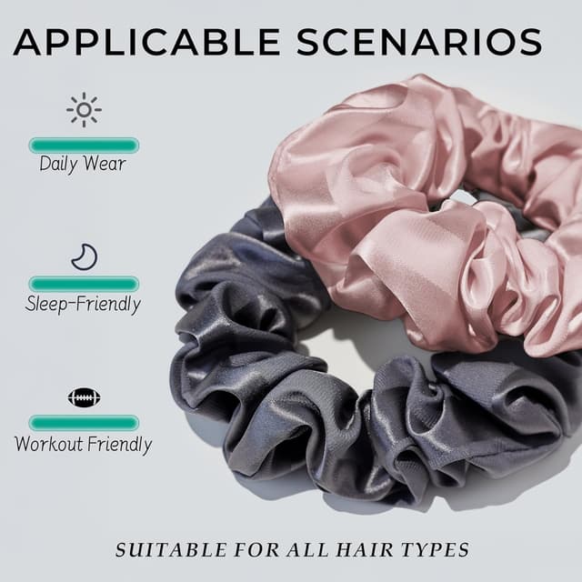 Detalle 2 de Townssilk elastici per capelli in 100% seta di gelso (22 momme), grigio scuro e rosa, a righe – 2 pezzi